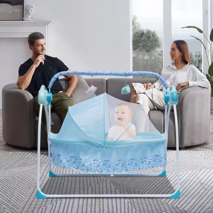 Columpio Eléctrico para Bebés Conexión Bluetooth, Función de Temporizador, Control Remoto, Material ABS + Acero Inoxidable Ideal para Recién Nacidos 0-18 Meses - 1