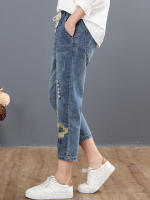 Pantalones de mezclilla grande con estampado floral para mujer moda verano 2023 pantalones casuales bordados elásticos vintage de talla grande lavado a mano material exterior denim - details 5