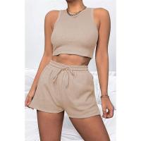 Conjunto de dos piezas de verano para mujer, chaleco sin mangas de color sólido con textura gofre y pantalones cortos casuales de moda. - details 8