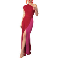 Invitada con un hombro largo y diseño de bloques de color Wo, estilo elegante, vestido de noche de boda de longitud media, vestido nquet para Wo, estilo, , - details 18