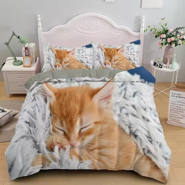 Juego de Cubierta de Edredón de Gato Lindo Dormitorio de Animal de Estimação de Poliéster con Funda de Almohada para Cama Individual Tamaño Rey y Reina - 1