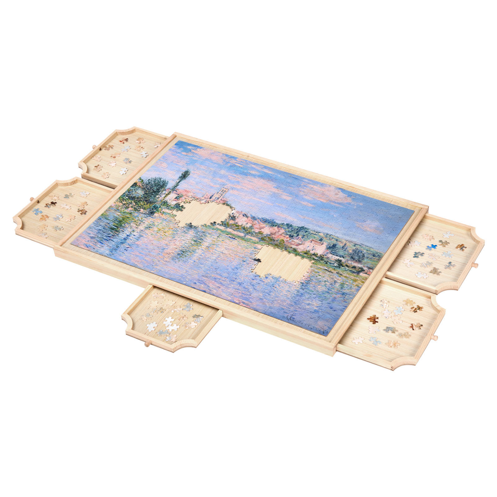 SucceBuy Tablero de rompecabezas giratorio de 1000 piezas con 5 cajones de almacenamiento y cubierta, mesa de madera portátil de 74x53 cm