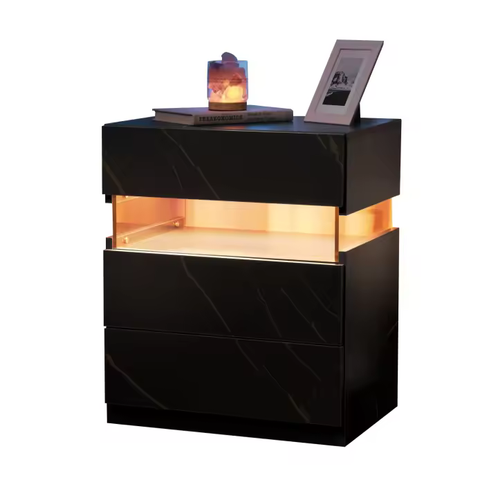 Mesa de noche LED cómoda 3 cajones Diseño rectangular Madera Para dormitorio y sala de estar - 1