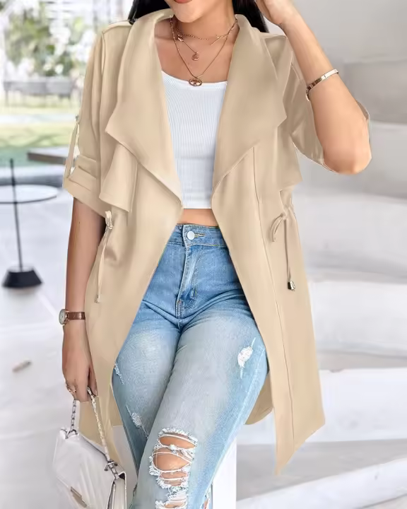 Ropa de mujer 2025 Otoño e Invierno moda suelta Color sólido manga enrollable chaqueta cortavientos de longitud media - 1