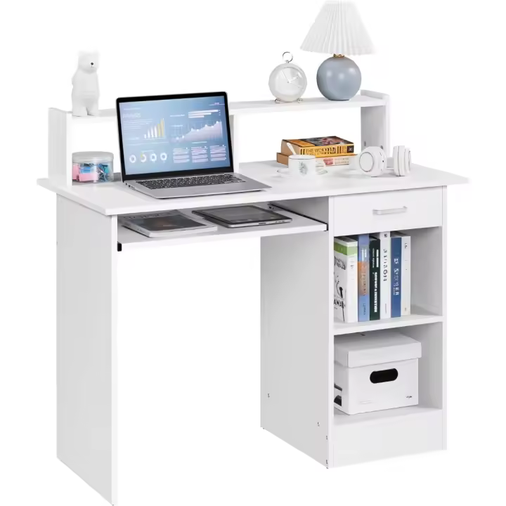 Mesa de Escritorio Blanca 106x50x94cm Mesa de Oficina con Cajones Soporte de Monitor PC - 1