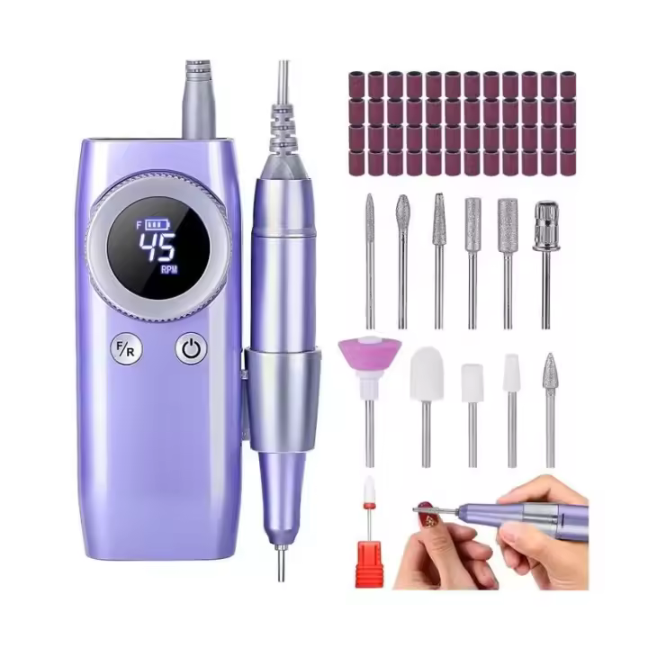 Torno para Uñas Profesional, 45000RPM Portatil Recargable Inalambrico con 12 cabezales de pulido y 48 cintas abrasivas y Pantalla LCD, para Manicura y Pedicura, para Gel o Acrilicas - 1