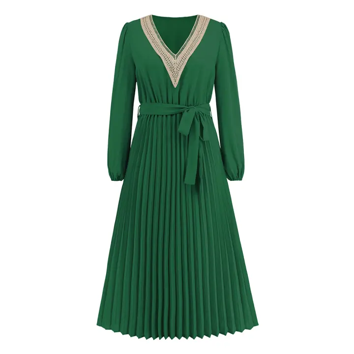 Vestidos largos con cuello en V para mujer, manga larga, cintura elástica, Falda plisada, vestido diario, Rosa S - 1