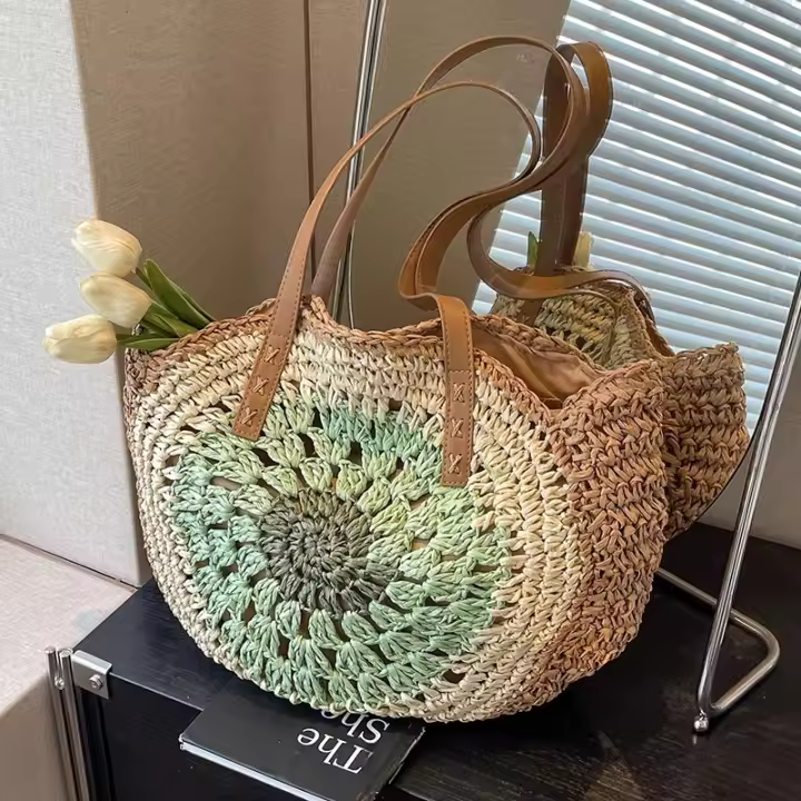 Cuerda De Papel Color Hueco Bolsa De Paja De Disco Grande Bolsa De Playa Casual Bolsa Tejida De Moda De Hombro Bolsa De Mujer - 1