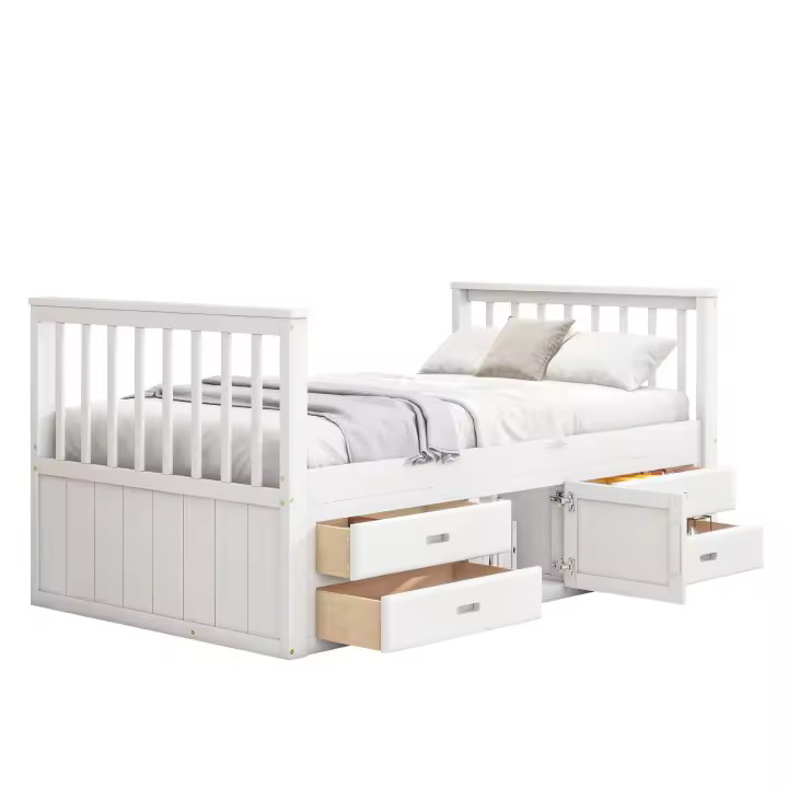 Cama de Plataforma para Niños 90x200 cm Con 4 Cajones Con Armario Blanco - 1