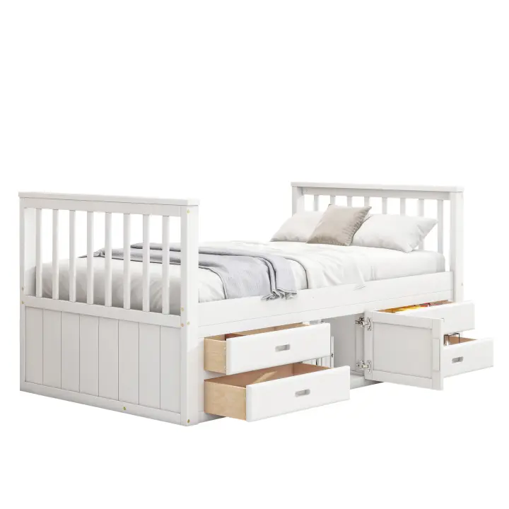 Cama de Plataforma para Niños 90x200 cm Con 4 Cajones Con Armario Blanco - 1