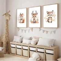 Pósteres artísticos de pared para guardería, pintura en lienzo, imágenes impresas, oso, zorro, ciervo, ardilla, búho, hojas de otoño, decoración del hogar para habitación de bebés y niños - details 1