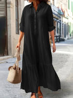 Vestido Largo de Algodón y Lino Manga Larga, Botón, Color Sólido, Borlas Sueltas - details 8