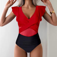 New Clashing One-piece Swimming Costume Small Fly Sleeve Bikini Women Quick Dry Sports Deep V Cross Hollow One-piece Swimsuit - details 36