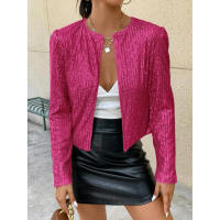 Chaqueta de manga larga con cuello redondo y lentejuelas para mujer, abrigo corto elegante de Color liso para primavera y otoño - details 15
