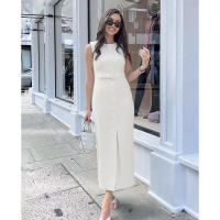 BUNO-Vestido elegante sin mangas con botones, cinturones para mujer, sin mangas, cuello redondo, ajustado, liso, vestidos de primavera 2025, bata dividida para ir al trabajo en la calle - details 8
