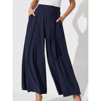 Mujeres lisas elegantes y con estilo, pantalones sueltos cómodos, pantalones de pierna ancha con cordón de cintura alta para verano - details 13