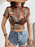 Nueva Camiseta de manga corta con estampado de malla, camiseta de manga corta con borde de oreja de madera para mujer - details 1