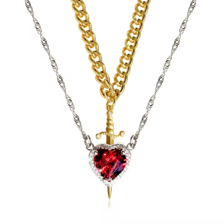 Collar de Corazón y Espada de Acero Inoxidable Plateado de 18k Joyería de Pareja en Zirconia Cristal - 1