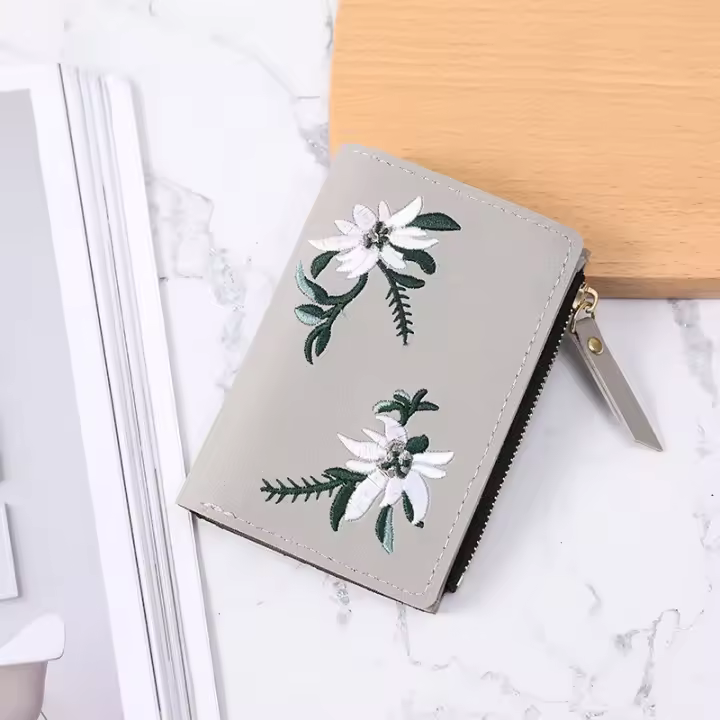 Cartera corta coreana para estudiantes, billetera de cuero PU con cremallera, flores bordadas, Mini bolso para mujer - 1