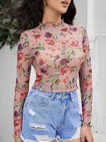 Nueva camiseta de manga larga impresa elegante del ajuste del oído de madera de la flor, las tapas flacas de las MUJERES - details 2