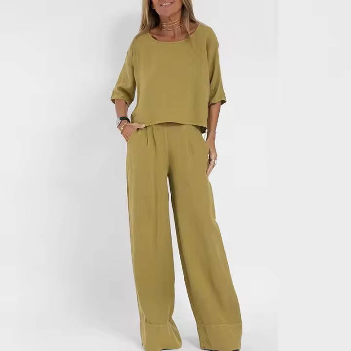 Conjunto de Playa Casual de Bolsillo 2025 Top de Manga Corta, Traje de Lineno y Algodón para Mujeres Color Sólido, Conjunto de Moda Primavera-Verano - 1