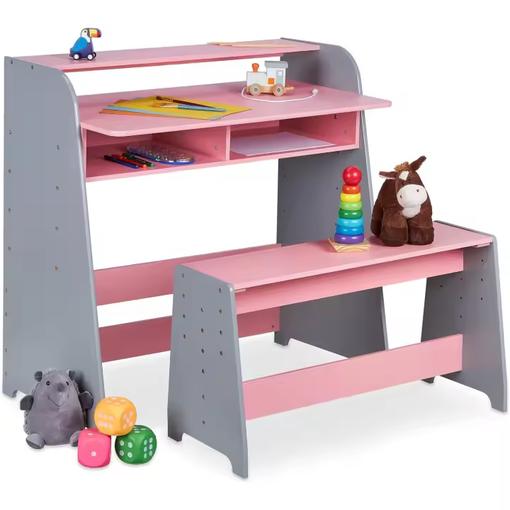 Mesa y Banco Infantil Ajustable en Altura 2 Compartimentos Escritorio de Fibra Rosa/Gris - 1