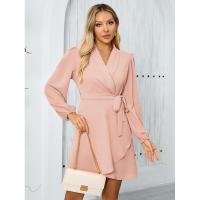 Vestido corto elegante para mujer con cuello en V manga larga de color sólido - details 0