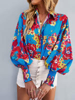 Camisa informal con estampado Vintage para mujer, blusa Retro para mujer, Top de manga larga con solapa y botonadura única, primavera y verano - details 21