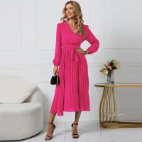 Vestido de ganchillo para mujer con cinturón, color sólido, cuello en V, corte A elástico - details 10