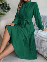 Vestido plisado elegante con cuello levantado y manga larga y cintura cerrada para mujer, vestido largo de Otoño Invierno - details 25