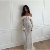 Vestido largo acampanado de manga larga con corte elegante, Vestidos ceñidos con hombros descubiertos y cordones para mujer, prendas de vestir para mujer 2025 - details 19