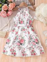 Romántico estampado floral de verano para niñas, vestido halter informal empalmado para vacaciones, cinturón y tacón con volantes - details 1