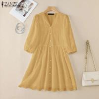 ZANZEA-vestido de mujer de encaje de retales, Vestidos informales de verano y primavera, Vestidos con cuello en A, ropa de calle por encima de la rodilla, vestido veraniego - details 8