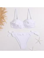 Bañador de banda con volantes negros para mujer, traje de baño femenino de realce, conjunto de Bikini con sujetador y Copa, traje de baño de corte alto azul de Color sólido 2023 - details 2