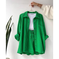 Conjunto de dos piezas para mujer, camisa de manga larga con cuello vuelto de tela arrugada, pantalones cortos con cordón de cintura alta, moda informal de talla grande - details 17