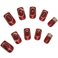 Uñas de Año Nuevo para mujer, uñas postizas cuadradas largas, decoración DIY, puntas francesas, vino tinto - details 3