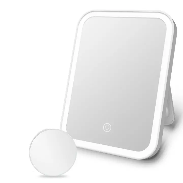 Espejo LED de maquillaje con pantalla táctil y 3 luces, portátil, plegable, espejo de tocador con aumento x5, espejo compacto pa - 1