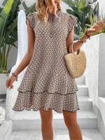 2024 elegante mujer Casual volante holgado Mini vestido estampado bohemio cuello en V con cordones pequeños vestidos de manga voladora para mujer - details 1