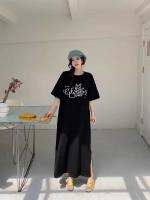 K-sle suelto fresco de talla grande Hong Kong Sle lindo patrón Slish longitud media largo dividido camiseta vestido de moda - details 2