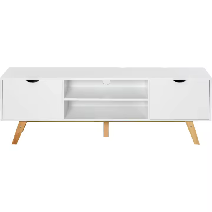 Mueble de TV moderno para televisores de 65 pulgadas, mesa de TV para salón con 2 puertas, 2 estantes abiertos y patas de madera, 150x39x50 cm, blanco. - 1