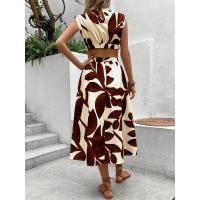 Vestido largo de mujer con estampado floral de plantas, cuello redondo, manga corta y cintura alta para el verano de 2024 - details 10