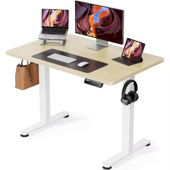 Mesa elevadora eléctrica ergonómica 100x60 cm, ajustable en altura, cuatro paneles inteligentes de memoria, dos ganchos, madera ecológica, instalación sencilla, diseño moderno - 1