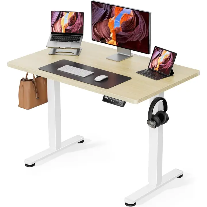 Mesa elevadora eléctrica ergonómica 100x60 cm, ajustable en altura, cuatro paneles inteligentes de memoria, dos ganchos, madera ecológica, instalación sencilla, diseño moderno - 1
