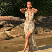 BUNO-Vestido con estampado de almazuela de gato extraño para mujer, vestido Halter con cuello bajo y espalda descubierta fruncido, vestido largo ajustado para fiesta en la playa a la moda para vacaciones - details 2