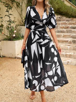 Vestido de verano de estilo callejero para mujer, traje elegante y Sexy con cuello en V, estampado de flores, mangas farol, largo, 2024 - details 16
