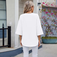 BUNO-2025 Blusa de moda con cuello en V para mujer, camisas de gasa de siete mangas con empalme de encaje, camisa holgada informal de Color sólido elegante para oficina, novedad de 20252 - details 30