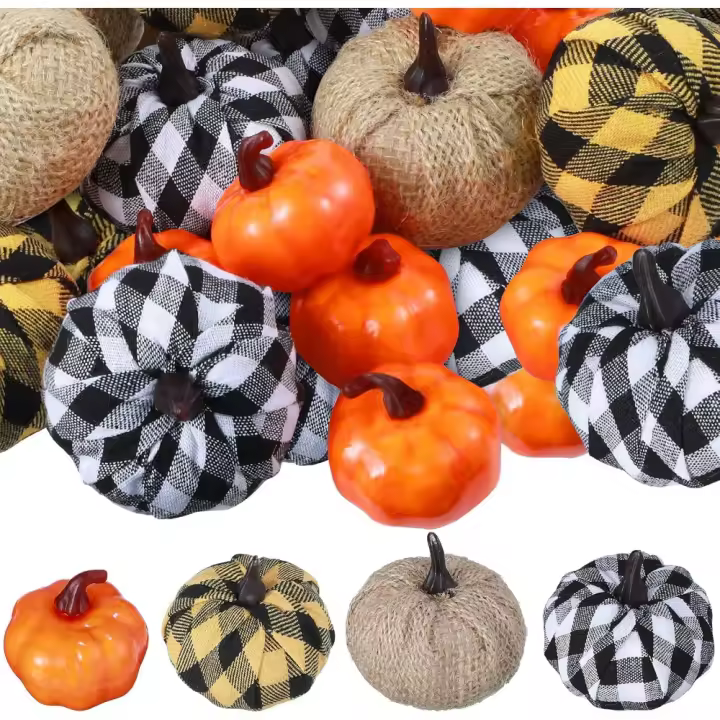 18 Calabazas Artificiales de Halloween Decoración de Calabaza a Cuadros de Búfalo Calabazas de Otoño Decorativas Calabaza Artificial de Cosecha para Granja Chimenea Acción de Gracias - 1