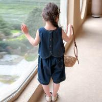 Conjunto de chaleco de mezclilla de verano para niños, nuevo conjunto de dos piezas de color sólido suelto y delgado informal para niña pequeña, ropa para niños - details 5