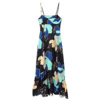 BUNO-2025 Vestido de mujer con tirantes finos, cuello cuadrado, estampado floral grande y dobladillo asimétrico con volantes para un look elegante - details 2