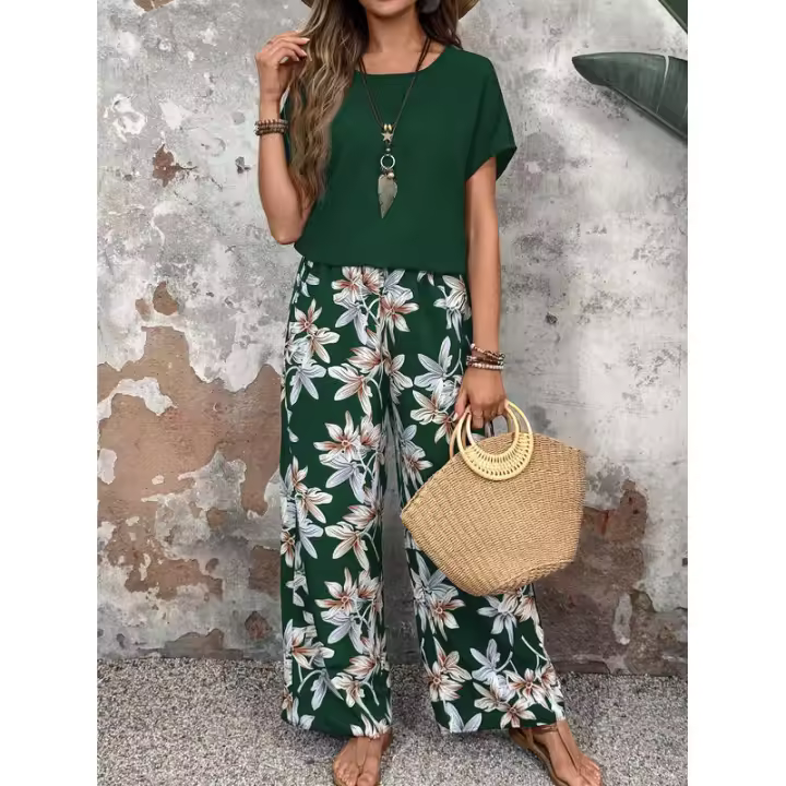 Conjunto de dos piezas nuevo de verano, jersey suelto versátil, traje informal redondo estampado para mujer - 1